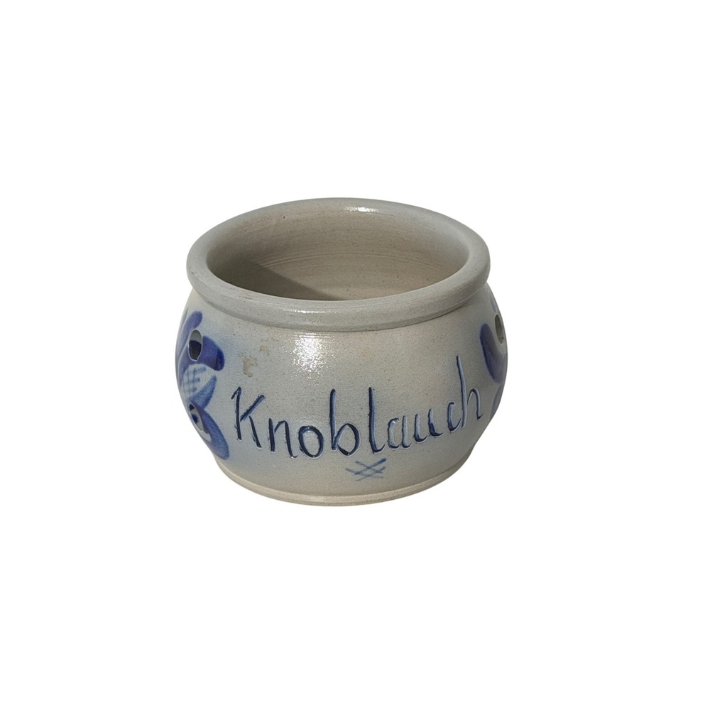 Vintage Garlic Cellar Crock  Grey Blue Knoblauch Salt Glaze Stoneware